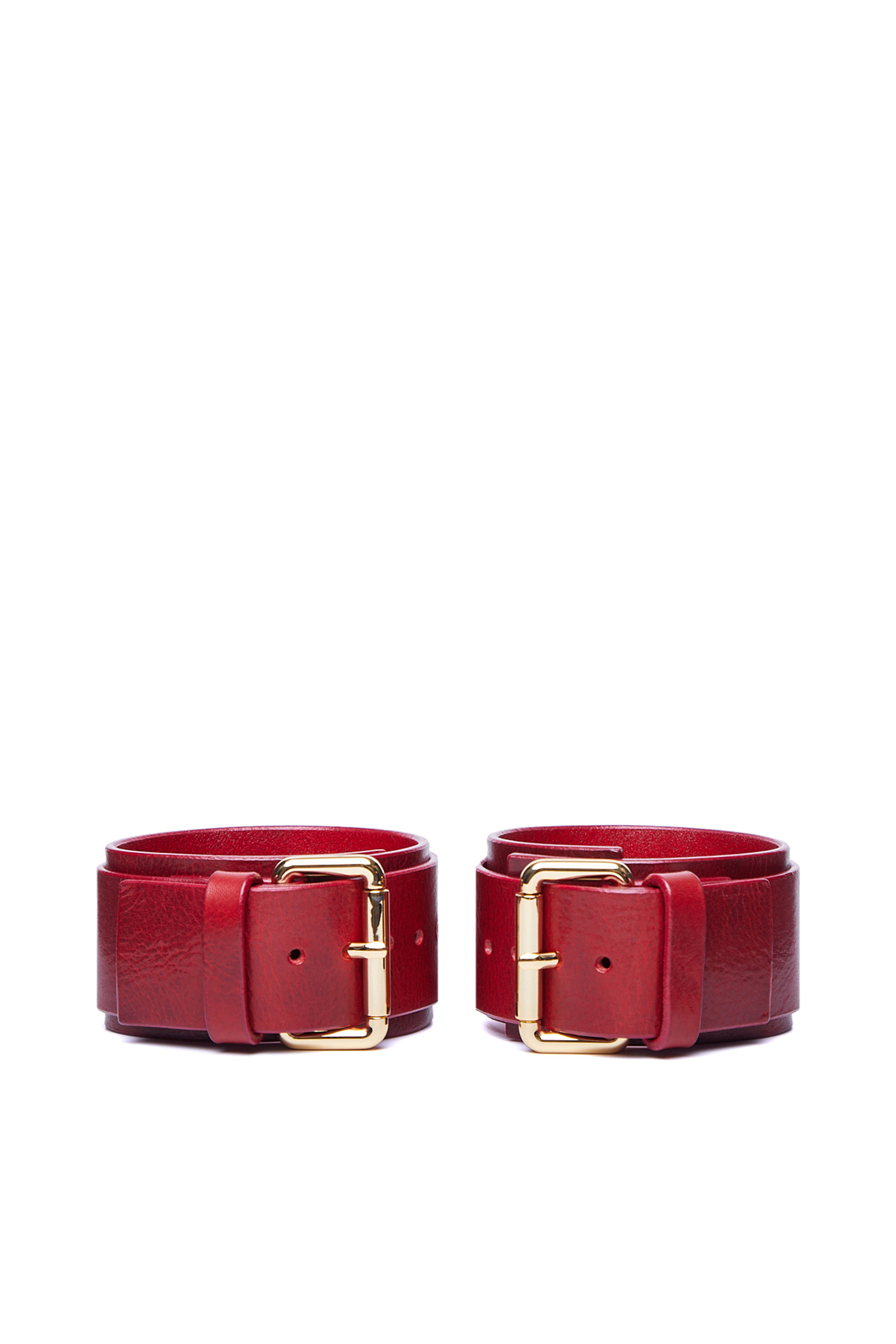 Ankle cuffs made of red leather equipped with additional D-rings and cast metal double ended trigger hook fixations for sex and kink relations - Obsessharness