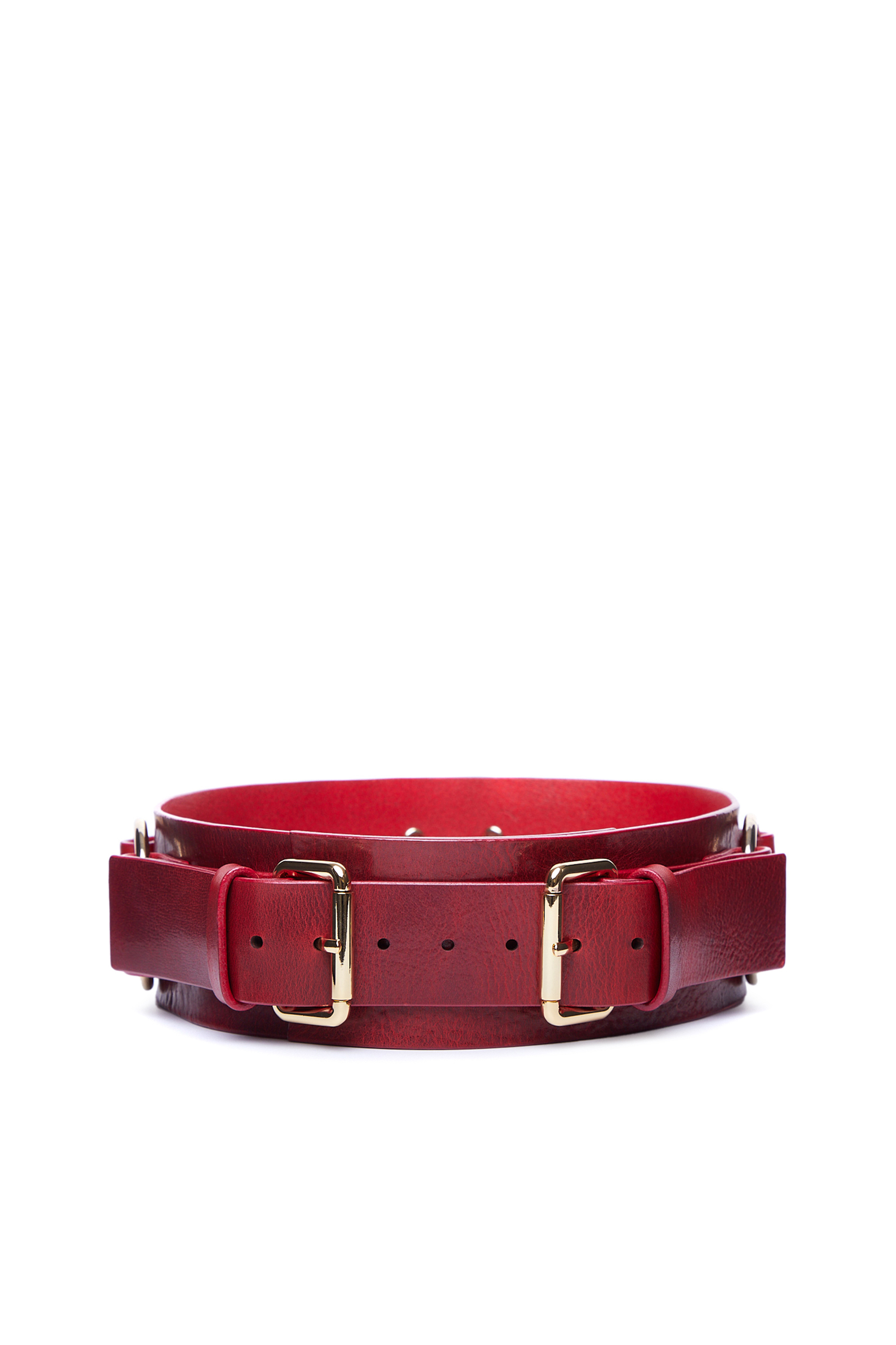 Bondage belt with increased rigidity on the front side and additional rings for fixing handcuffs and restraints in BDSM and role-playing games - Obsessharness