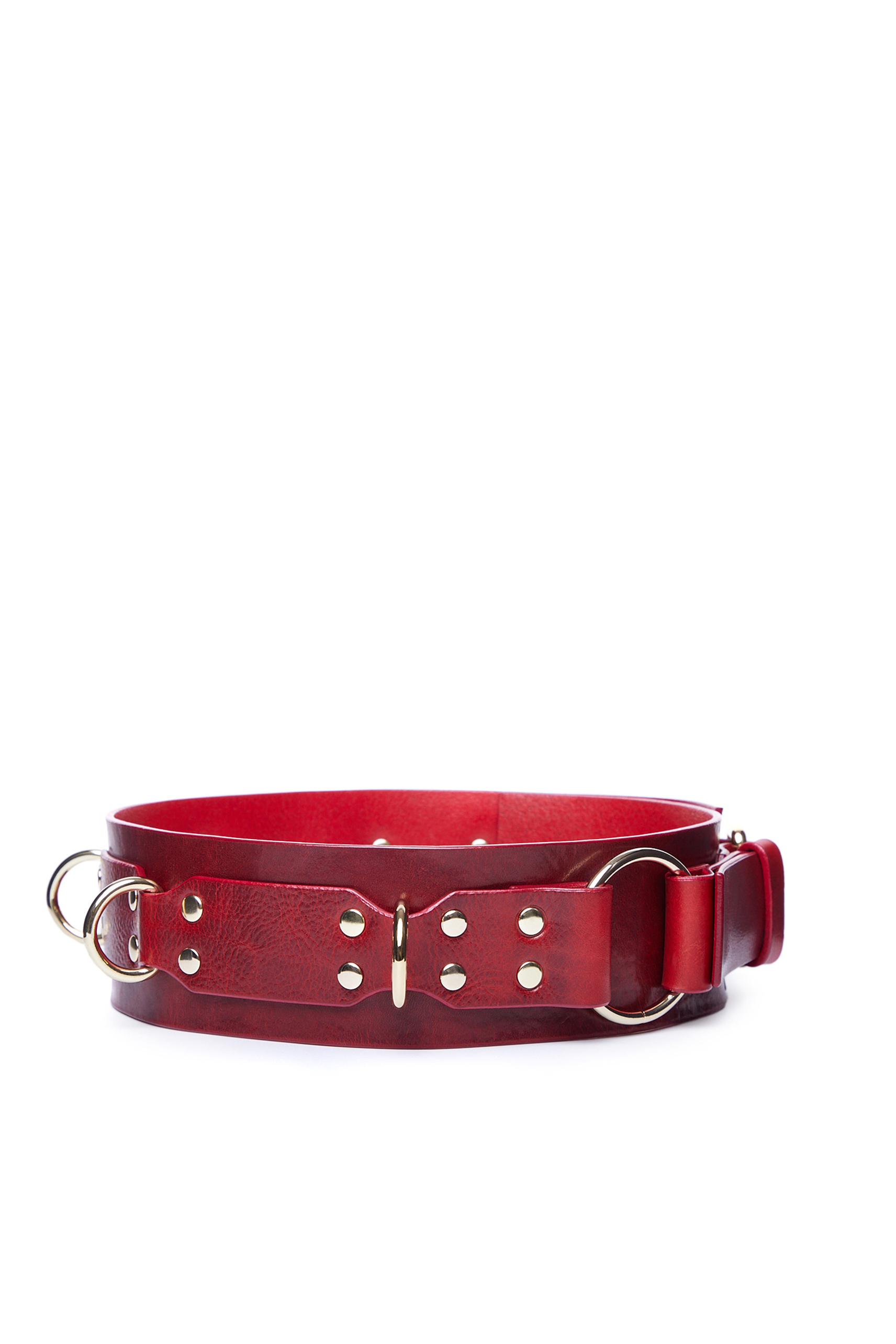 Leather bondage belt with a compacted layer for rigid fixation of the shape and rings for attaching kink accessories, handcuffs and restraints in BDSM and role-playing games - Obsessharness