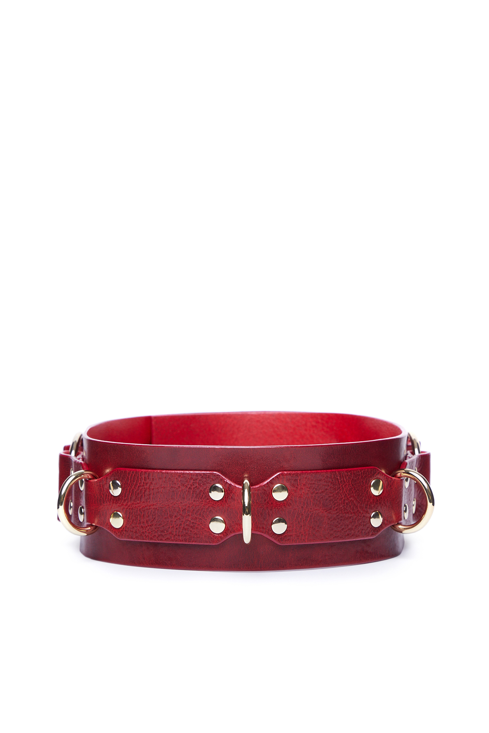 Harness waist Bondage belt red made of genuine leather with a compacted layer for rigid fixation of the shape and gold rings-fastenings for kink attachments, handcuffs and restraints in BDSM and role-playing games - Obsessharness