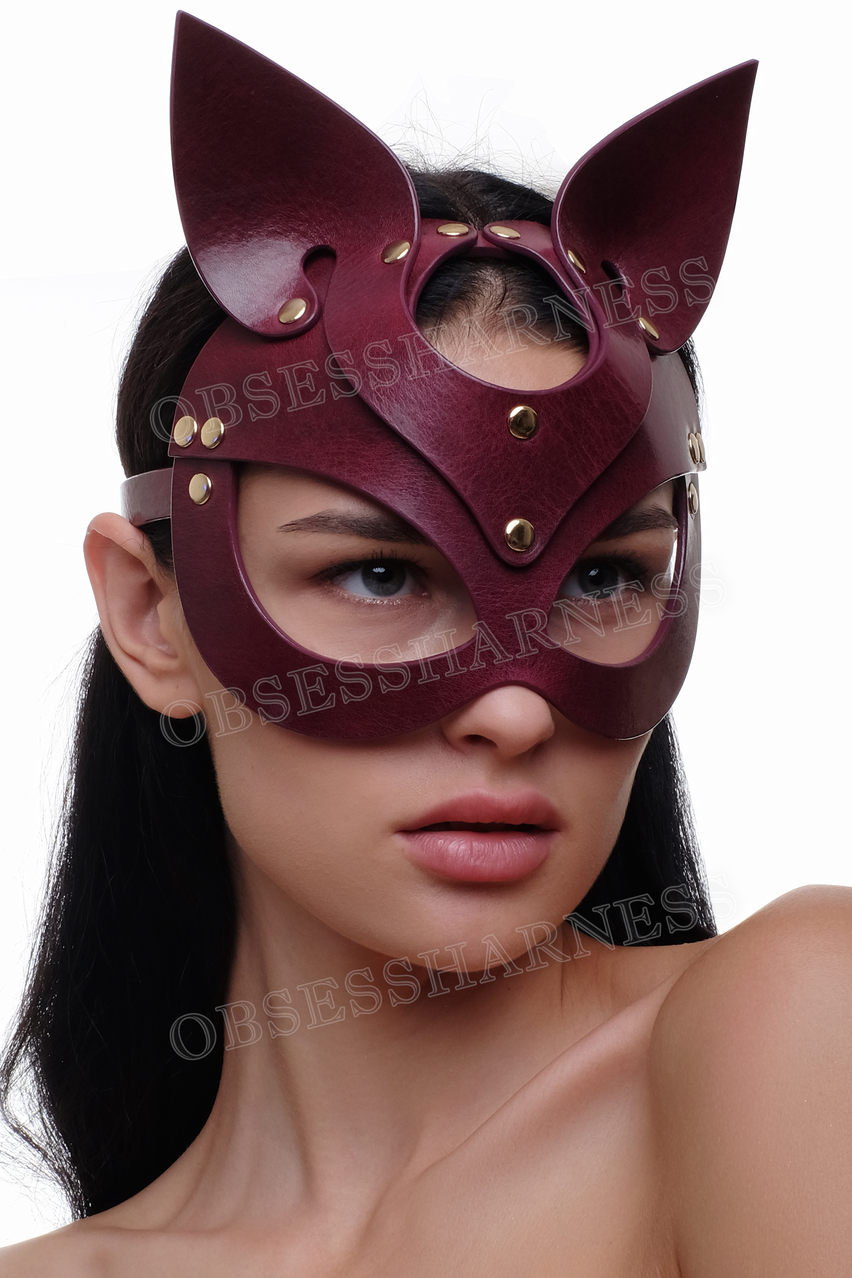 Sexy cat woman mask leather with open eyes  and back adjustment for role playing