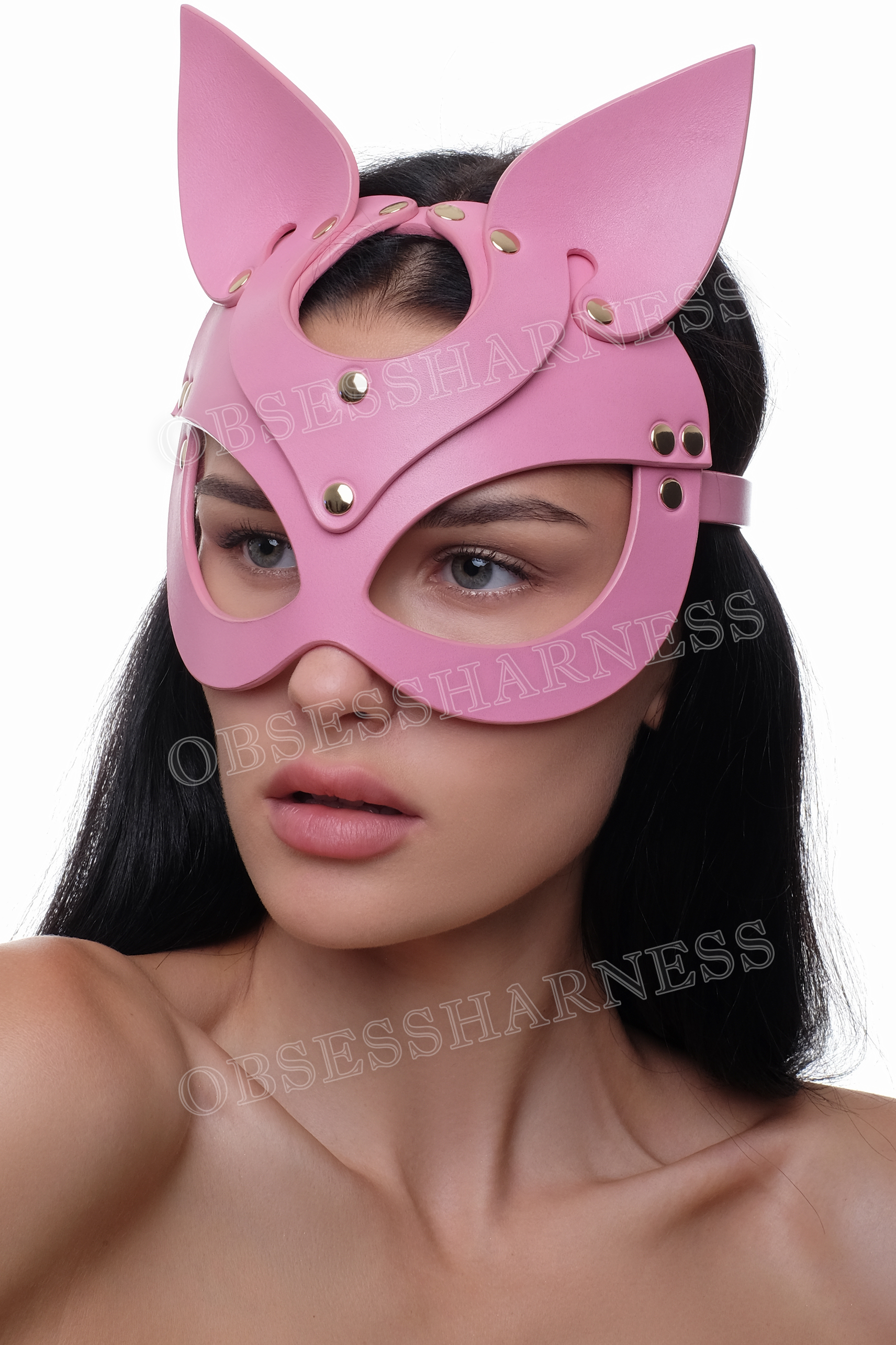 Pink leather catwomen mask erotic with eyes holes in BDSM games
