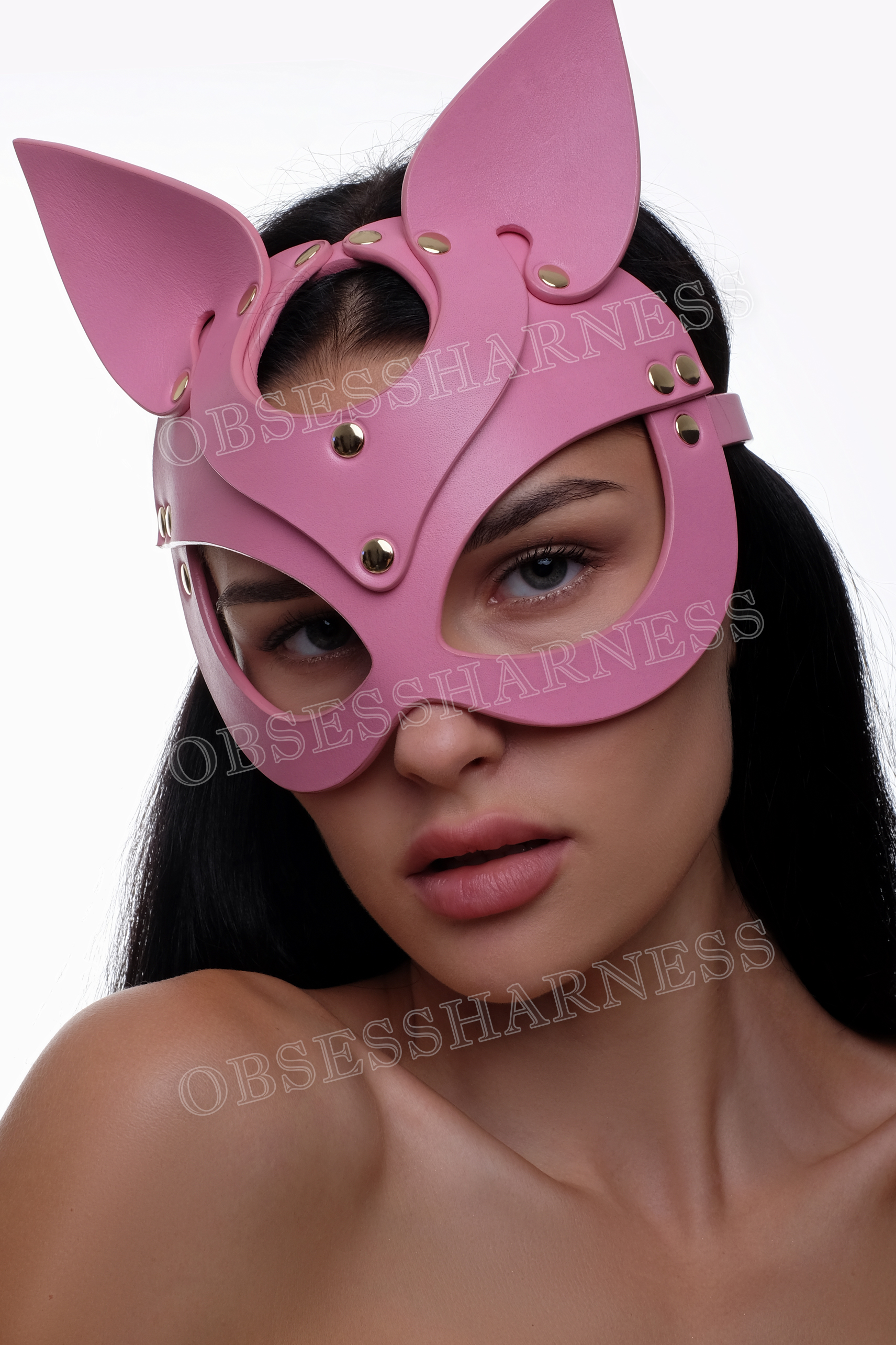 leather pink sexy cat mask for half the face and slits for the eyes, comfortable for role-playing BDSM