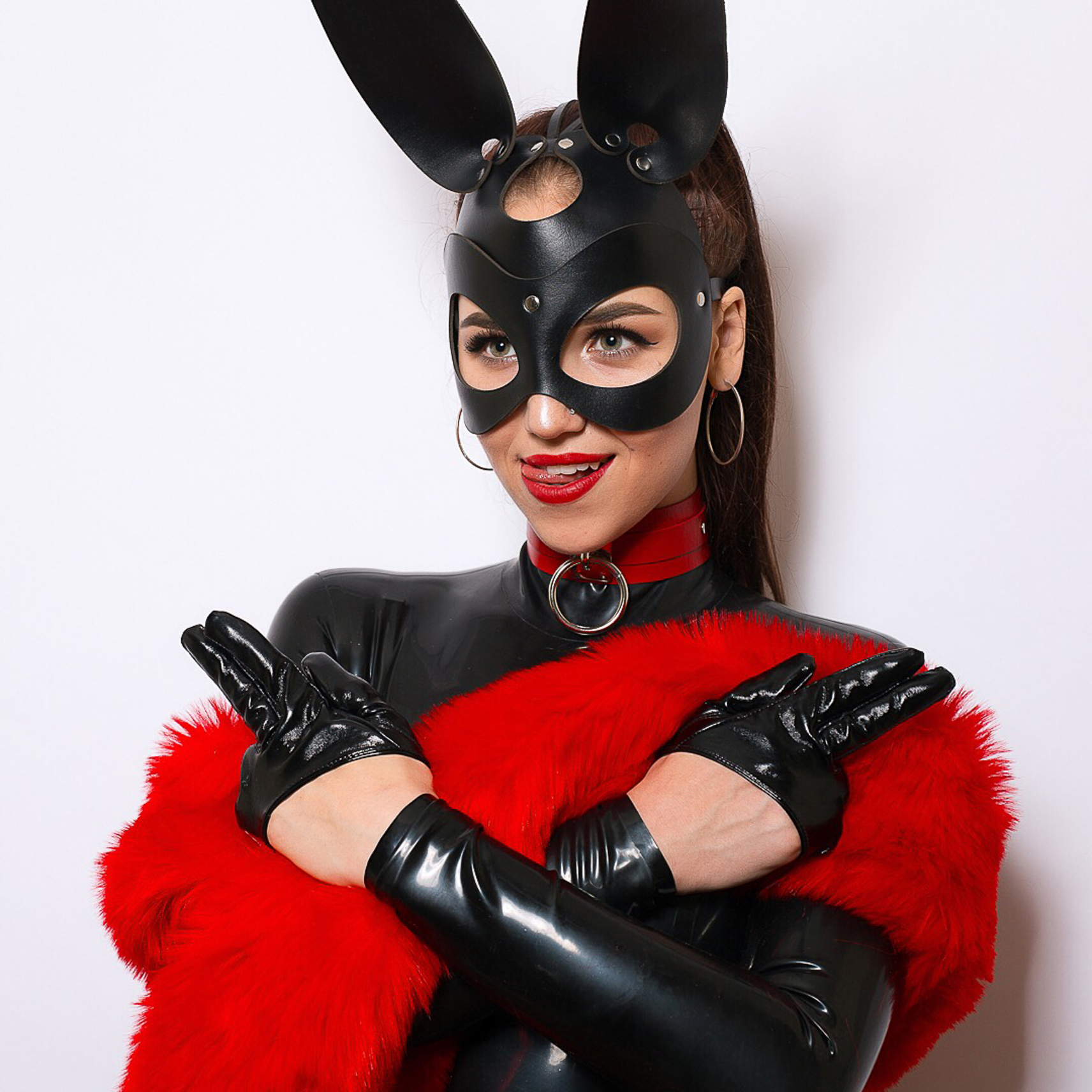 bunny mask Black made of genuine leather with slits for the eyes, an image for incognito in role-playing games and fetish parties