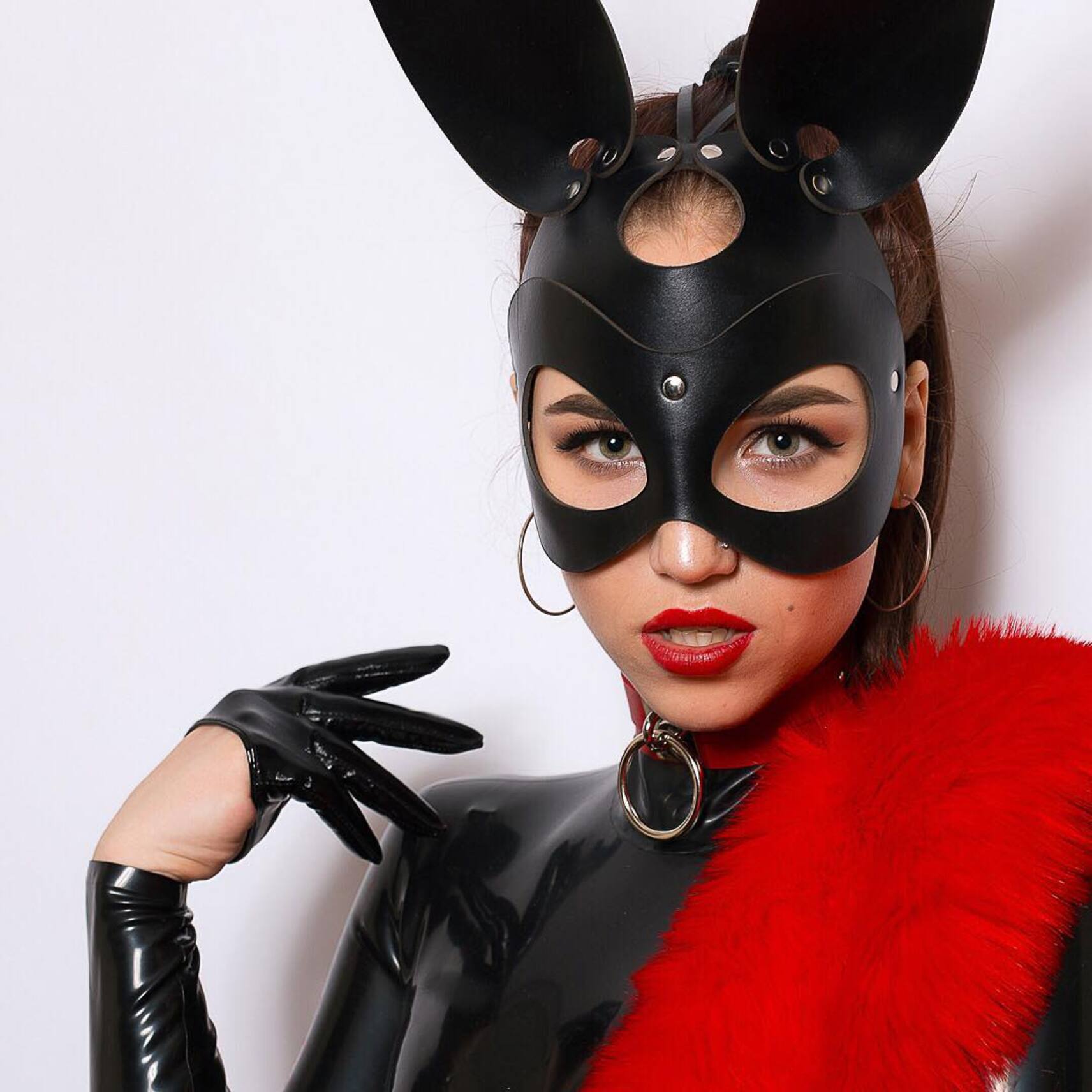 Black bunny mask made of genuine leather for incognito in role-playing games and fetish parties