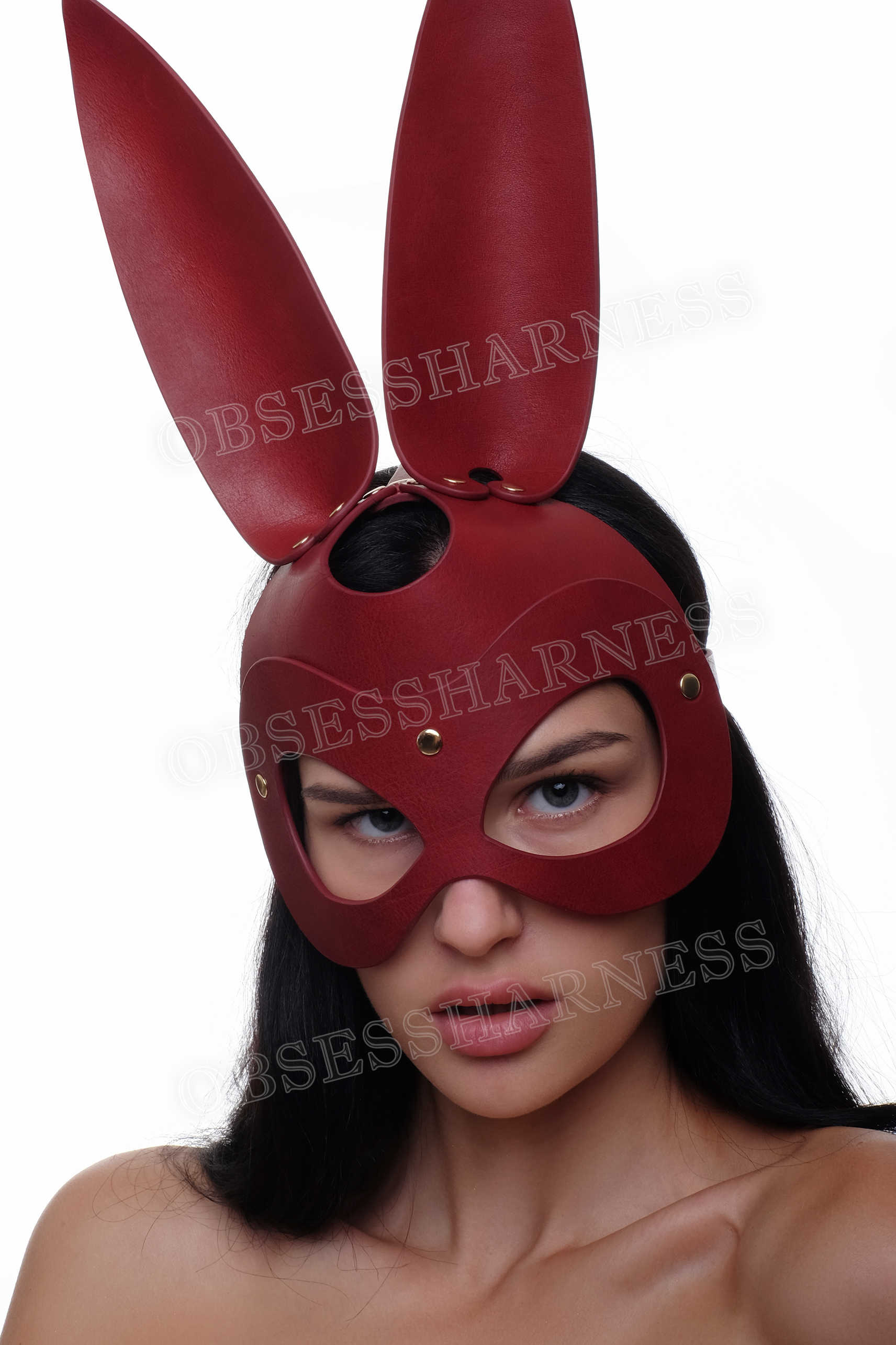 Bunny cosplay leather mask with long playboy bunny ears and cutouts for eyes - Obsessharness