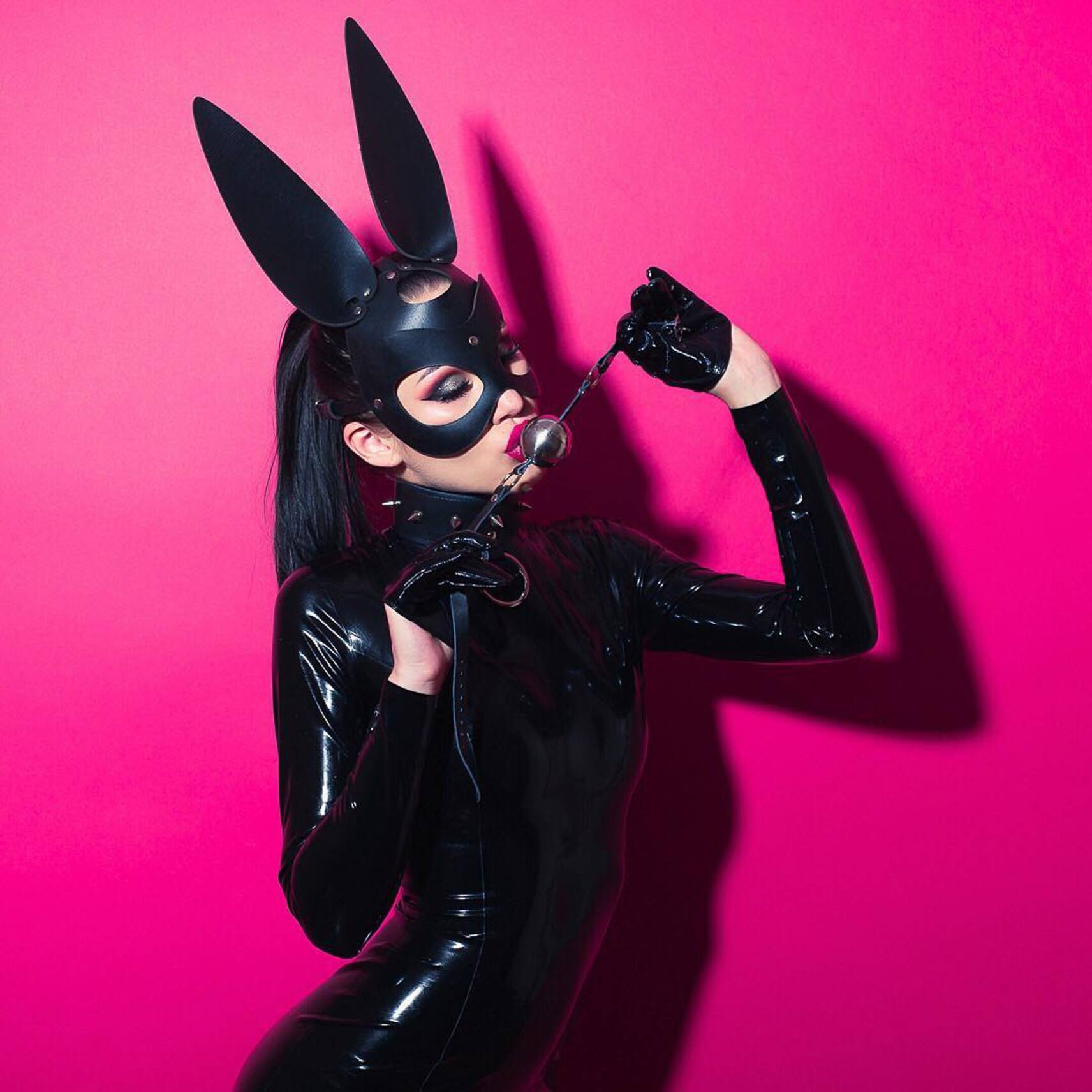 Leather bunny mask black with slits for eyes and clasp at the back