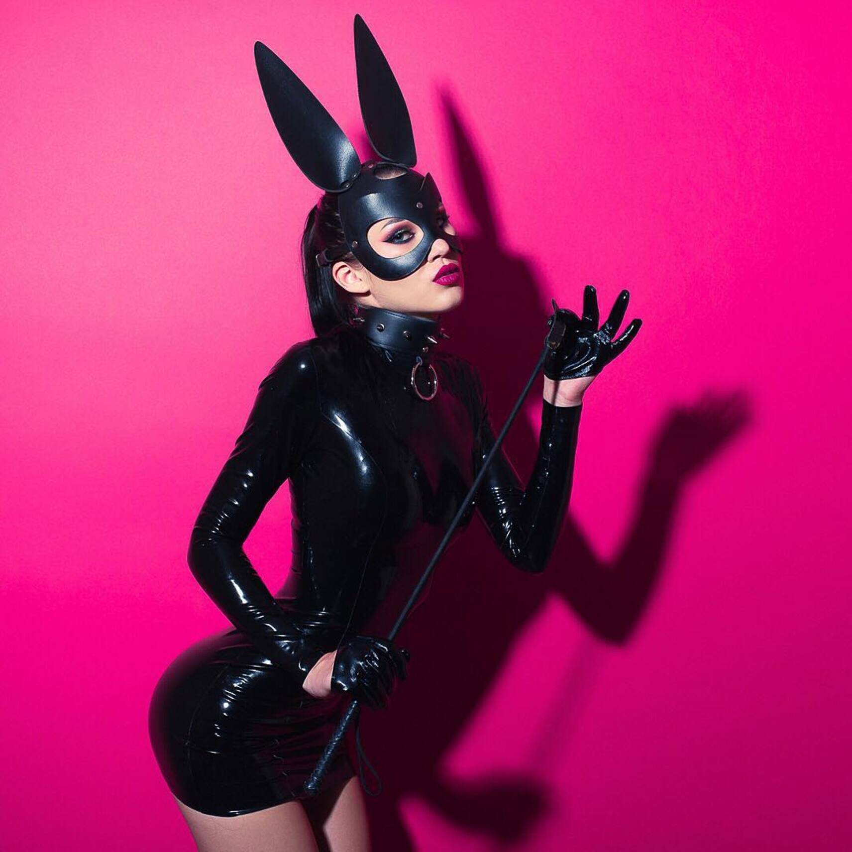 Leather black sexy bunny mask black with slits for eyes and clasp at the back