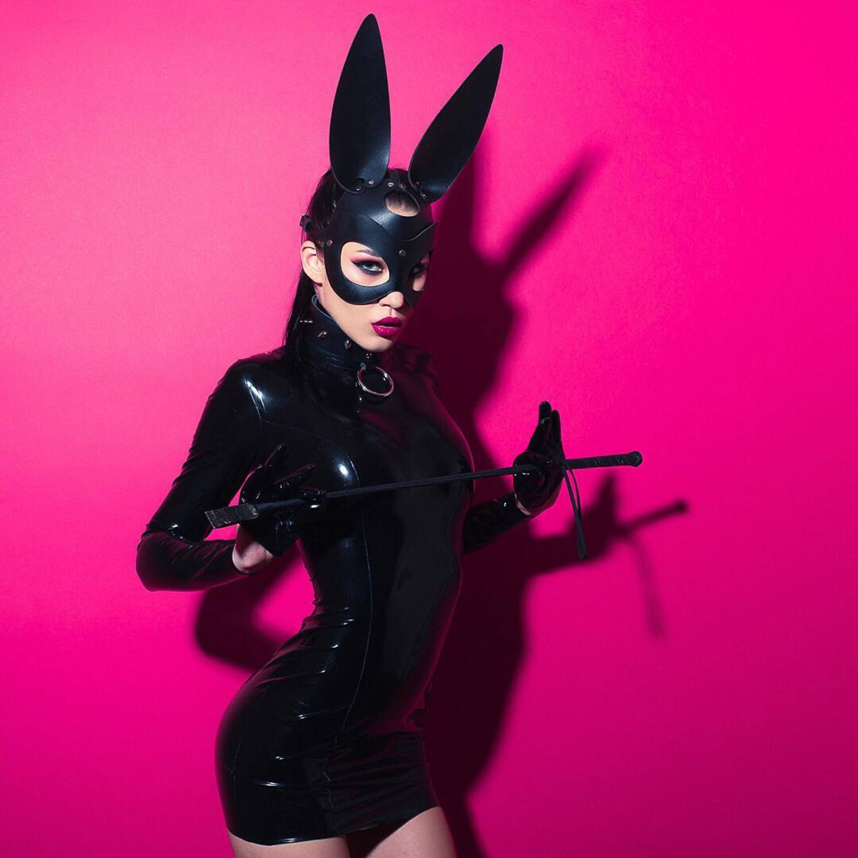 Woman Leather bunny mask black with slits for eyes and clasp at the back