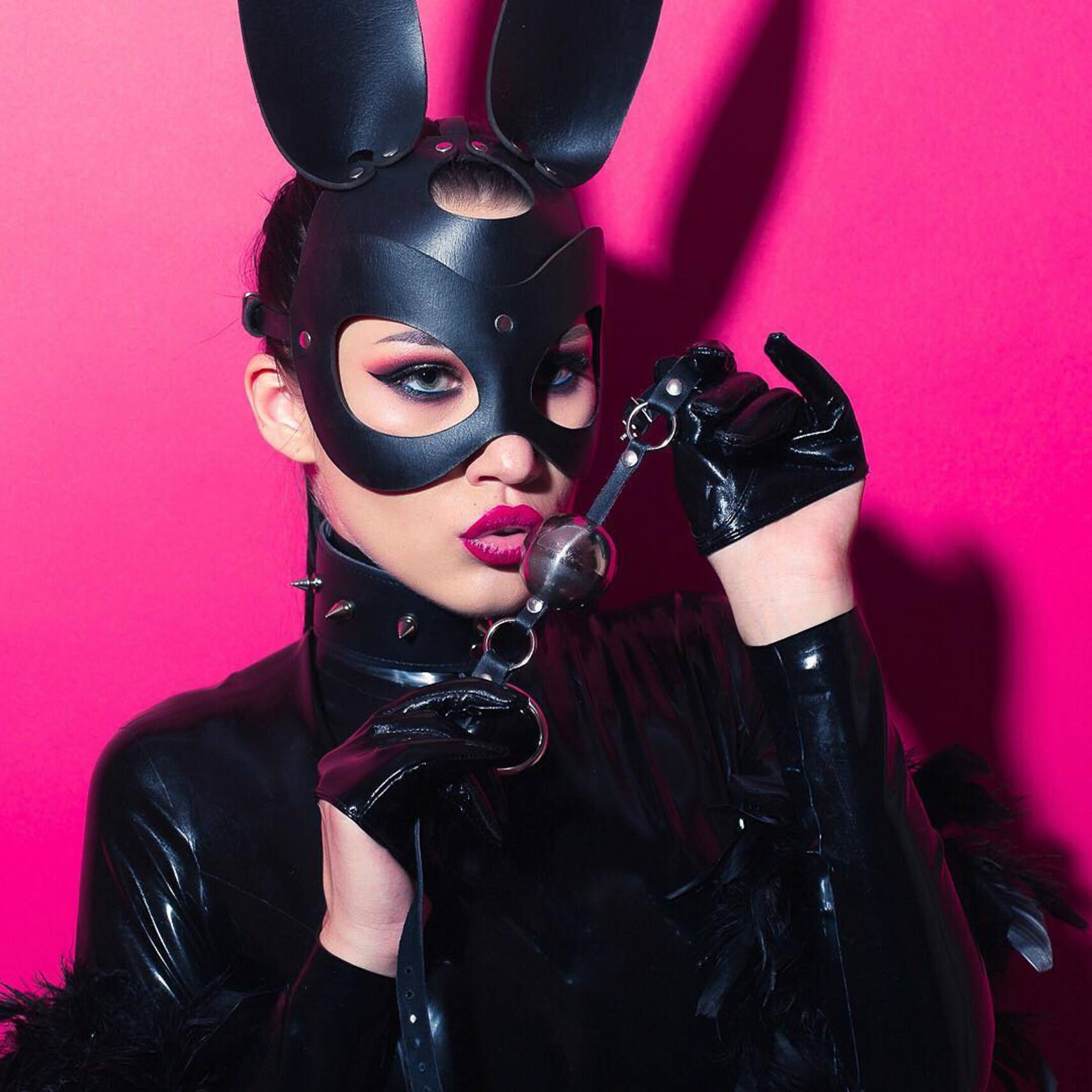bunny Leather cosplay mask black close-up for half the face with cutouts for the eyes and a clasp at the back for kink parties