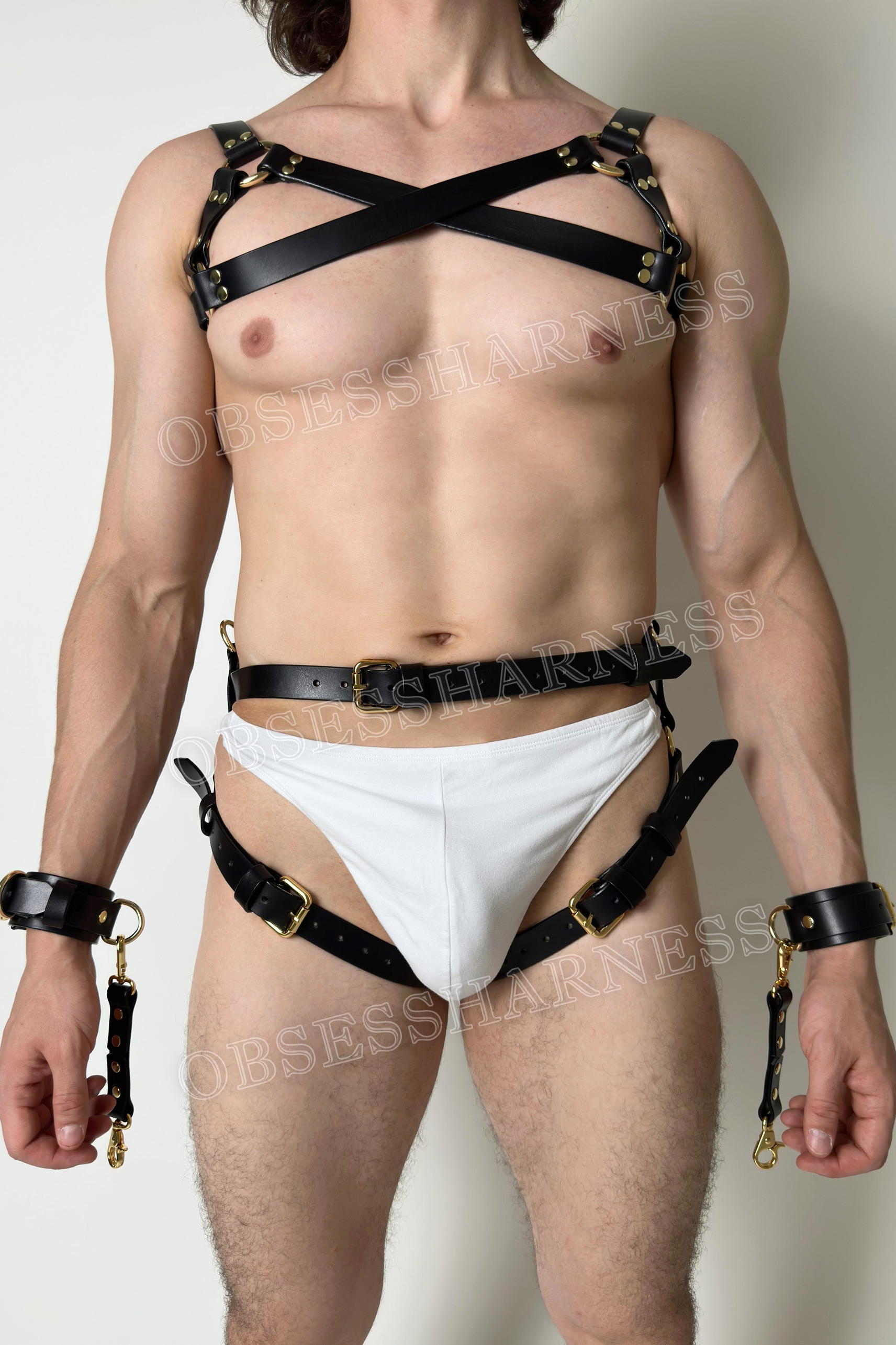 Men full body harness leather set for chest and legs? equipped with double sided cuffs