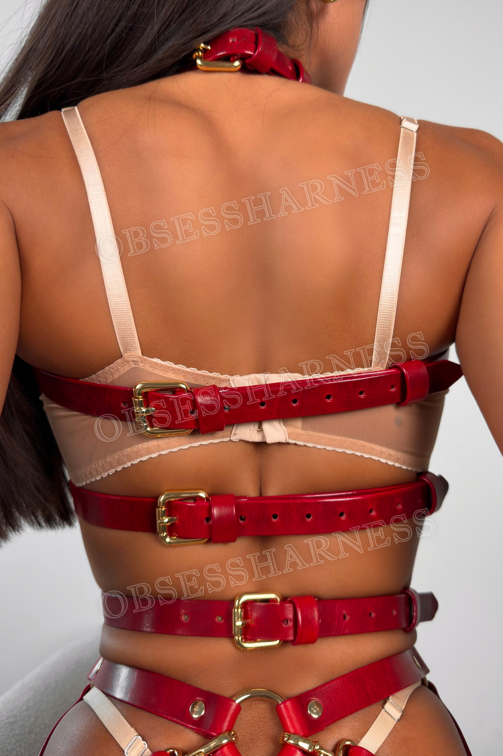 Woman backside in Full body strapon harness leather set of wide straps on the back and garters with open buttocks