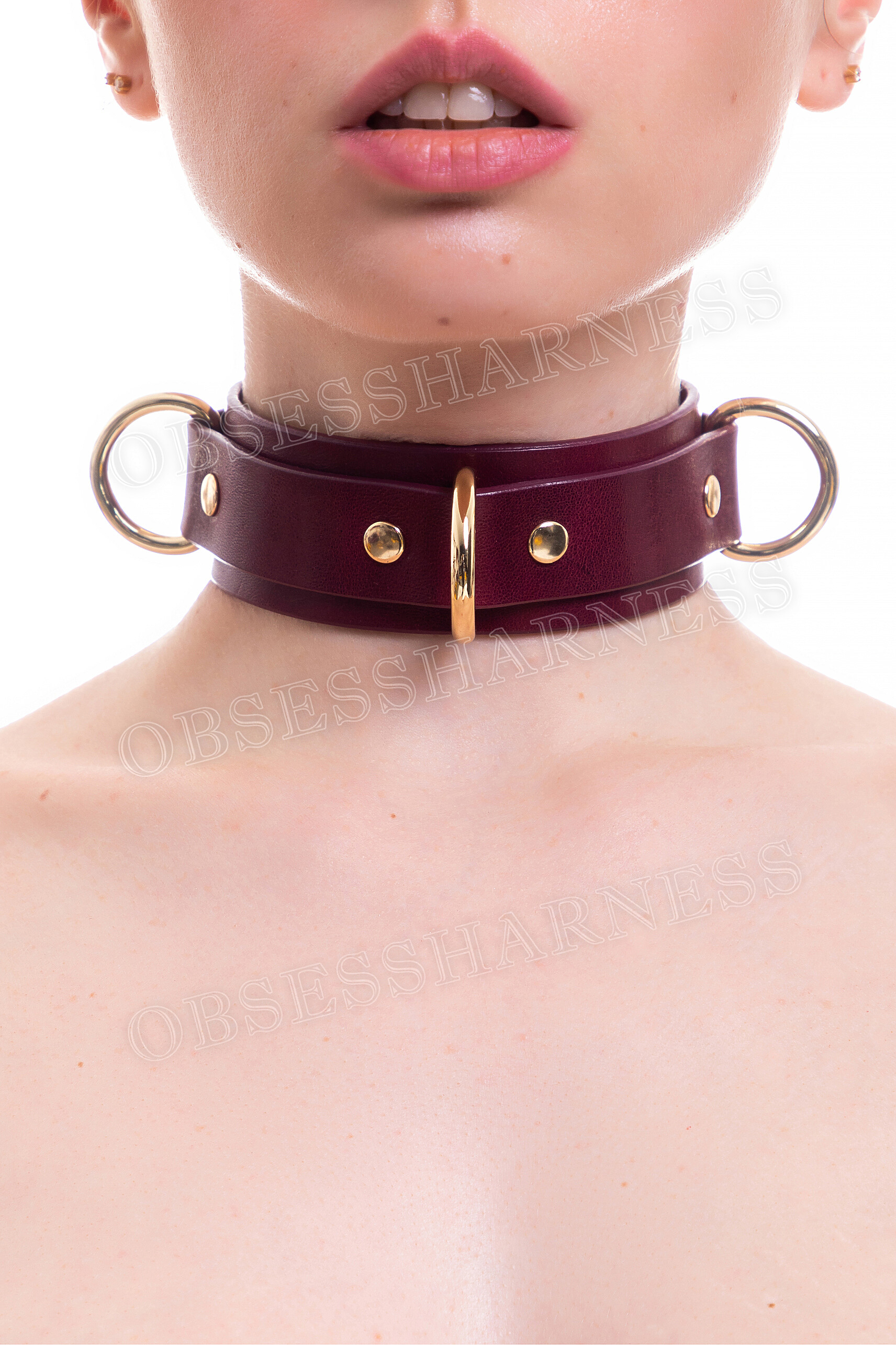 BDSM choker Collar slave wide with metal rings in the center and on the side for fastening the leash chain of obedience role-playing games - Obsessharness