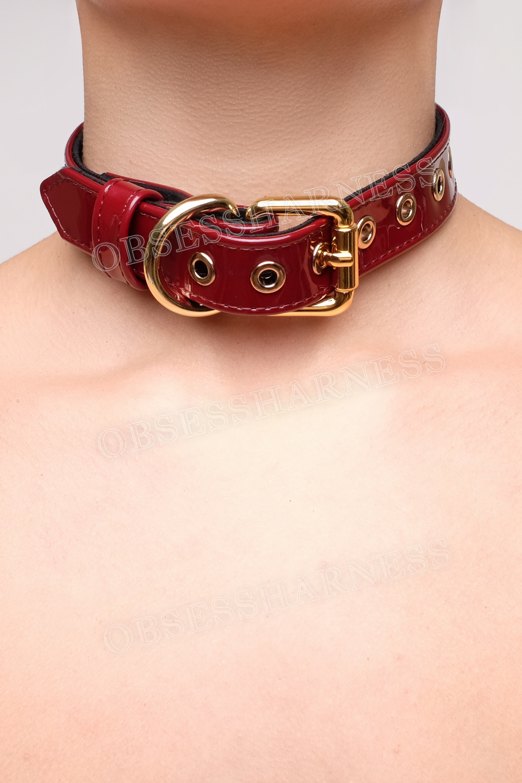 Leather bondage collar burgundy for a slave with a metal buckle with a half ring for BDSM - Obsessharness