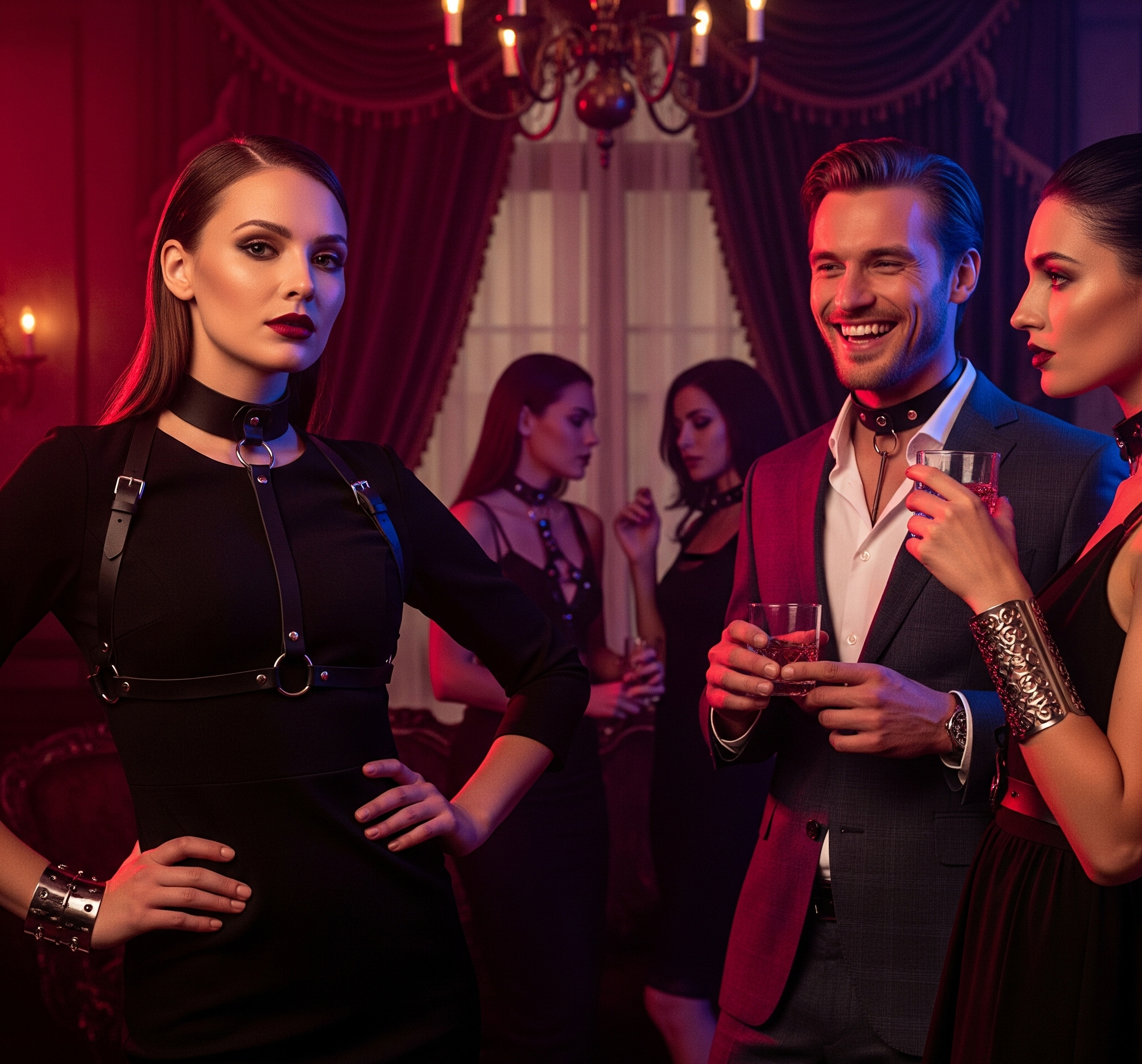 Stylish leather harness and clothes for swinger lifestyle events